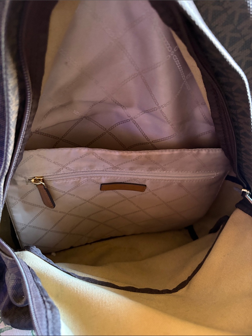 Michael Kors Brown Monogram Backpack with Gold Chain Detail - Picture 5 of 8